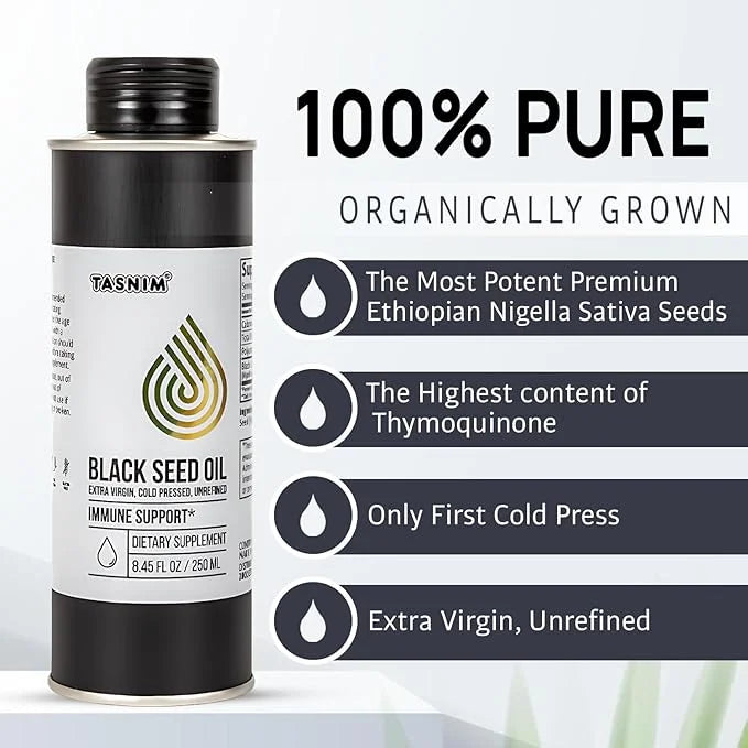 100% Ethiopian BlackSeed Oil 8.45 Oz - Cold Pressed Black Seed Oil for Immune Support, High Potency 5.7% - 21% Thymoquinon...