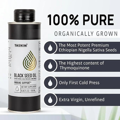 100% Ethiopian BlackSeed Oil 8.45 Oz - Cold Pressed Black Seed Oil for Immune Support, High Potency 5.7% - 21% Thymoquinon...