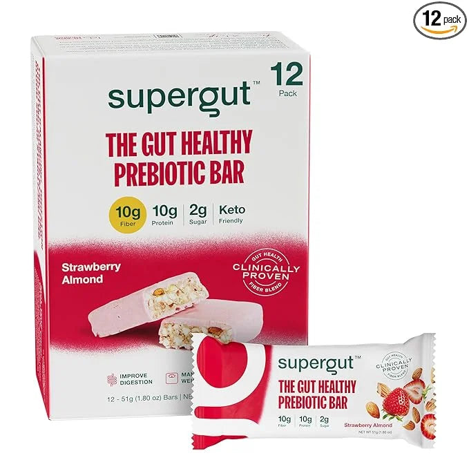Supergut GLP-1 Boosting Prebiotic Bars, Strawberry Almond - Gut Healthy Protein Snacks & Breakfast Bars - Keto-Friendly Me...