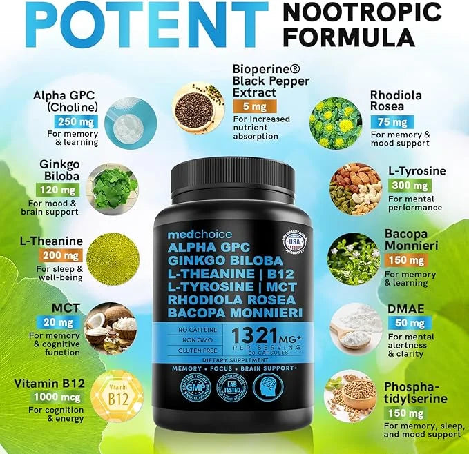 12-in-1 Nootropic Brain Supplement Anhydrous: Ginkgo Biloba for Brain Support, Memory and Focus - B12, Alpha GPC, L Theani...