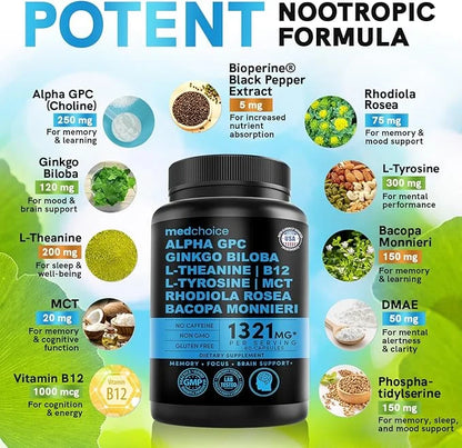12-in-1 Nootropic Brain Supplement Anhydrous: Ginkgo Biloba for Brain Support, Memory and Focus - B12, Alpha GPC, L Theani...