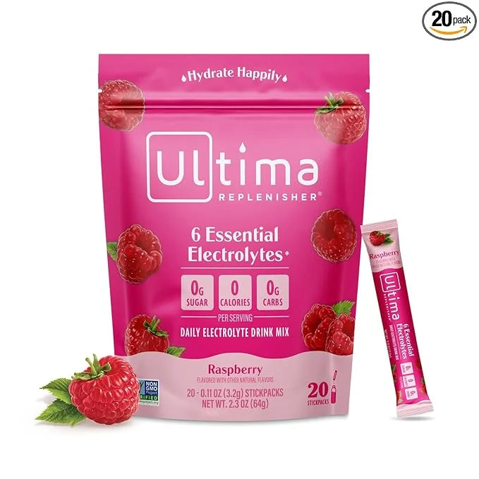 Ultima Replenisher Daily Electrolyte Powder Drink Mix – Raspberry, 20 Stickpacks – Hydration Packets with 6 Key Electrolyt...