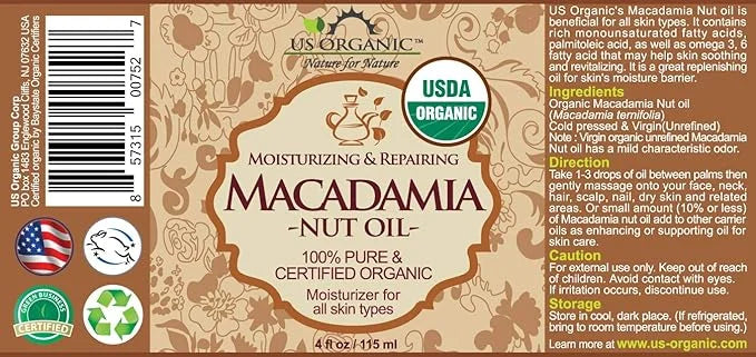 US Organic Macadamia Nut Oil Unrefined Virgin, Certified Organic, Pure & Natural, Cold Pressed, Sourced in Kenya, in Amber...