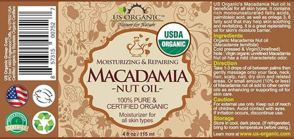 US Organic Macadamia Nut Oil Unrefined Virgin, Certified Organic, Pure & Natural, Cold Pressed, Sourced in Kenya, in Amber...