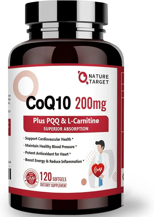 NATURE TARGET CoQ10-200mg with PQQ L-Carnitine Omega-3s, High Coenzyme-Q10 with 120 Servings