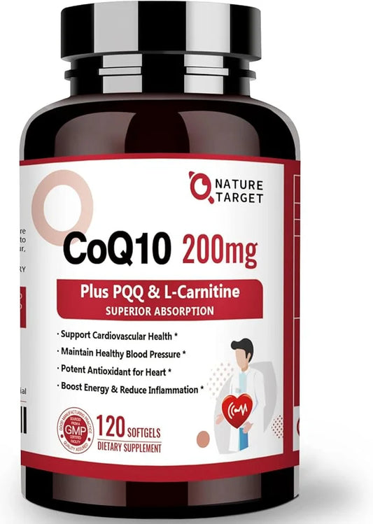NATURE TARGET CoQ10-200mg with PQQ L-Carnitine Omega-3s, High Coenzyme-Q10 with 120 Servings