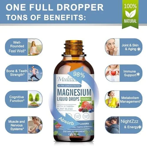 Magnesium Glycinate Liquid Drop - Triple Absorption Supplement to Support Nerves, Night, Heart, Muscles * -Sugar-Free with...