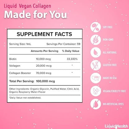 LIQUIDHEALTH 100% Vegan Collagen Plus Biotin 100,000mcg Liquid Drops - Plant-Based Liquid Collagen for Women, Men - Hair &...
