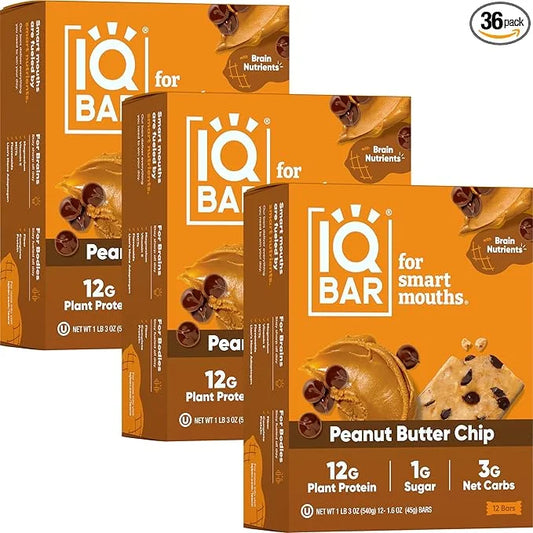 IQBAR Brain and Body Plant Protein Bars - Peanut Butter Chip - 36-Count Low Carb - Gluten Free, High Fiber, Vegan Snacks -...