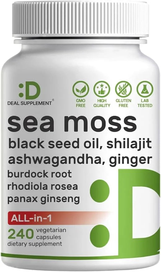 DEAL SUPPLEMENT Irish Sea Moss 7000mg 240 Veggie 14 Superfood 3000mg Black 2000mg Ashwagandha, 600mg Ginger