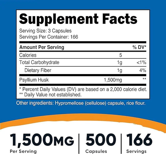 Nutricost Psyllium Husk 1500mg; 500 Capsules (2 Bottles)
