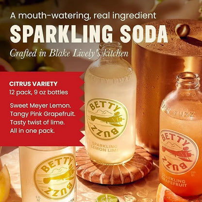 Betty Buzz Premium Sparkling Soda Citrus Variety Pack by Blake Lively (12 pack), Sparkling Grapefruit, Sparkling Lemon Lim...