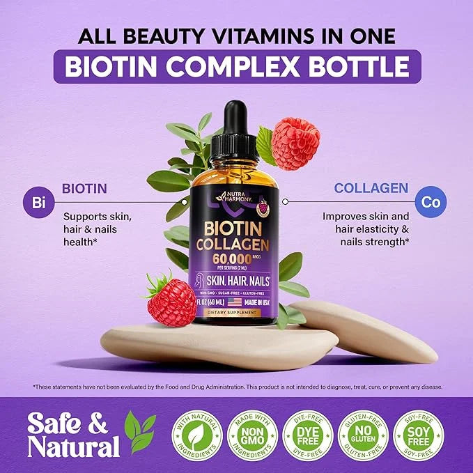 Liquid Biotin & Collagen 60000 mcg B7 Supplement 98% Faster