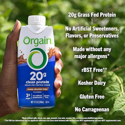 Orgain Clean Protein Shake, Grass Fed Dairy, Creamy Chocolate Fudge - 20g Whey High Protein, Kosher, Ready to Drink, Low N...