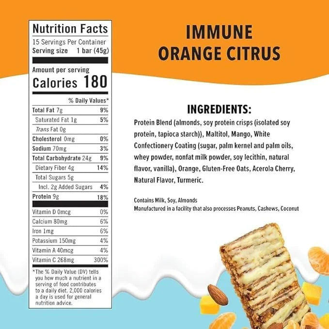 JiMMY'S Immune! Citrus Blast Immune Support Bar - 15 Count - Protein Bar with Immune Fortifying Ingredients: Vitamin C, Tu...