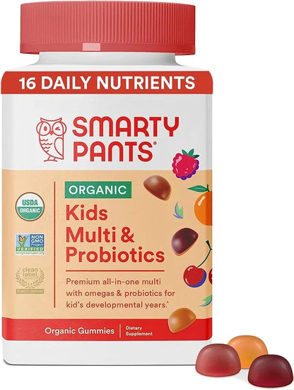 SmartyPants Organic Kids Multivitamin Gummies: Probiotics, 3 (ALA), D3, C, B12, B6, B6, Vitamin 120 Count (30 Day