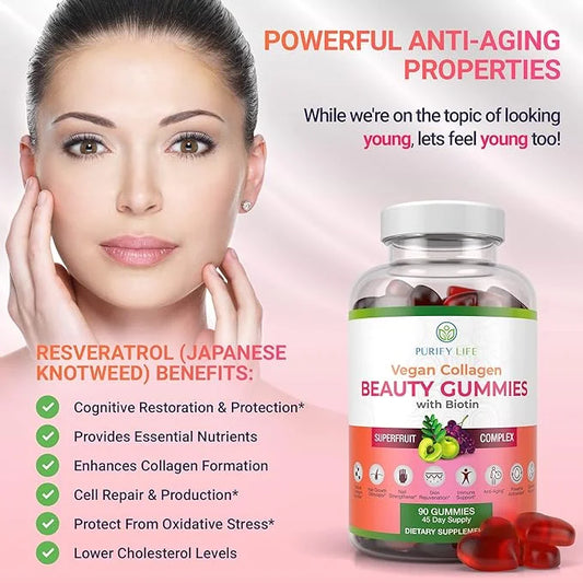 Purify Life Vegan Collagen Gummies with Biotin Vitamins for Hair Skin and Nails Health, (90 Chews) Collagen Support Superf...