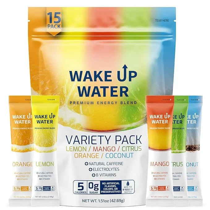 Wake Up Water - Energy + Hydration Sugar Free 15 Packet, Variety Pack - Energy Drink Powder, Electrolytes Powder Drink, Na...