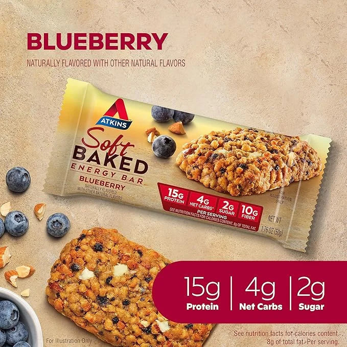 Atkins Soft Baked Energy Bars, Blueberry, 15g Protein,2g Sugar, Excellent Source of Fiber, Low Carb, 4 Packs (5 Bars Each)...