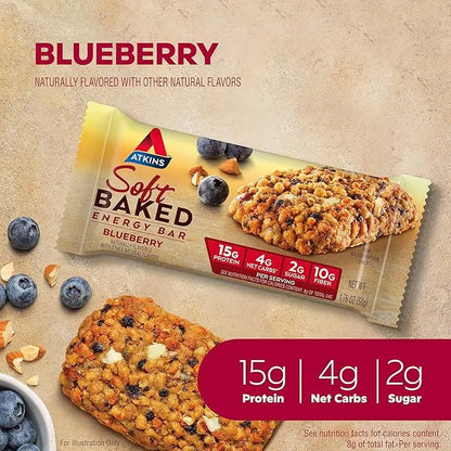Atkins Soft Baked Energy Bars, Blueberry, 15g Protein,2g Sugar, Excellent Source of Fiber, Low Carb, 4 Packs (5 Bars Each)...