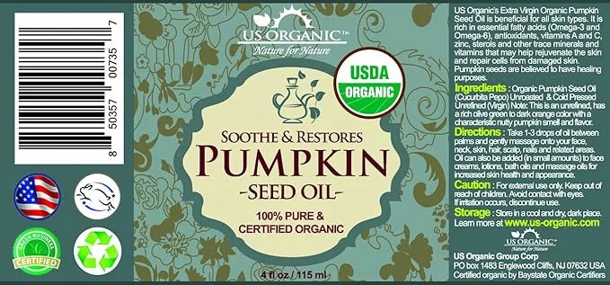 US Organic Pumpkin Seed Oil, USDA Certified Organic,100% Pure & Natural, Cold Pressed Virgin, Unrefined in Amber Glass Bot...