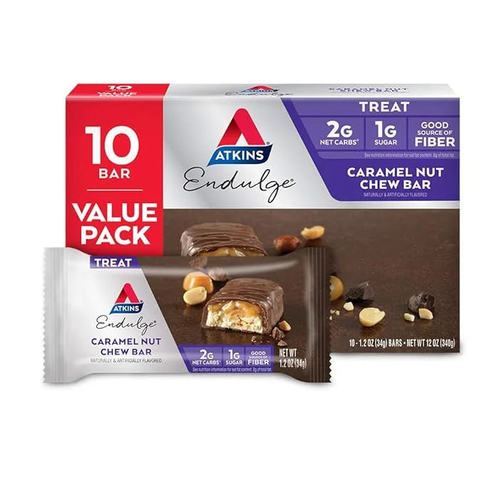 Atkins Caramel Almond Clusters, Gluten Free, High in Fiber, 1g Sugar, 2g Net Carb, 20 count & Endulge Caramel Nut Chew Bar...