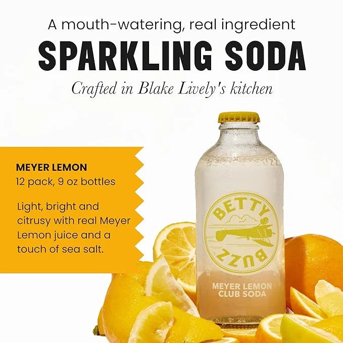 Betty Buzz Meyer Lemon Club Soda, Premium Sparkling Soda by Blake Lively (12 pack) | Natural Flavors & Sweeteners, Only Cl...