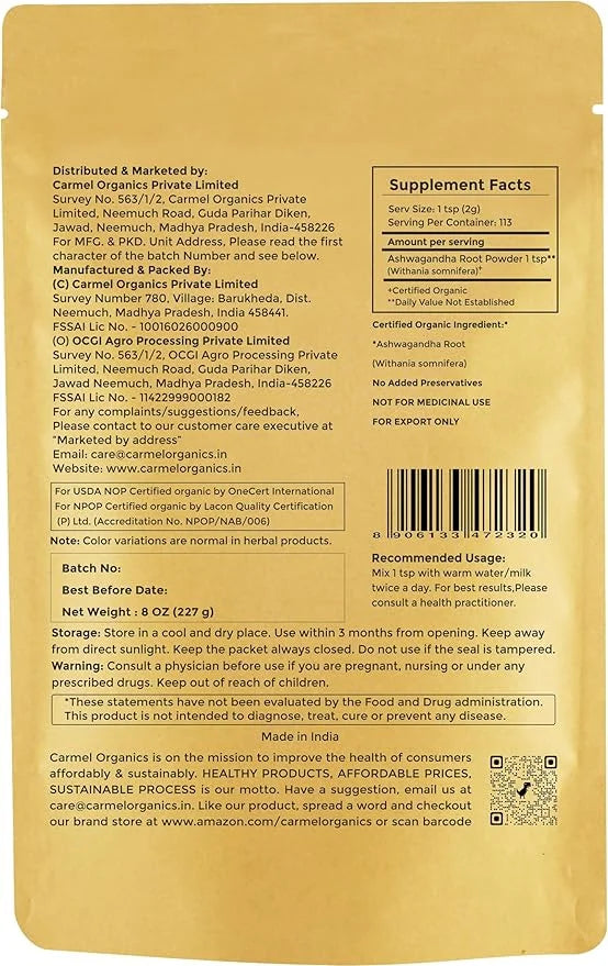 CARMEL ORGANICS Organic Ashwagandha Root Powder (8 Oz 227g/0.5 Lbs)