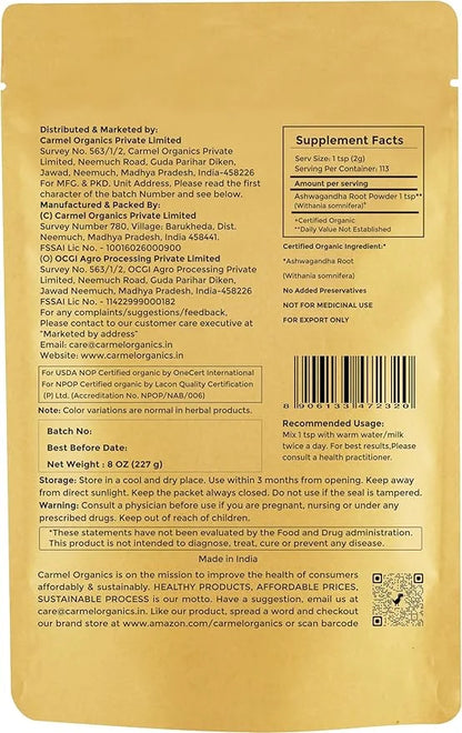 CARMEL ORGANICS Organic Ashwagandha Root Powder (8 Oz 227g/0.5 Lbs)