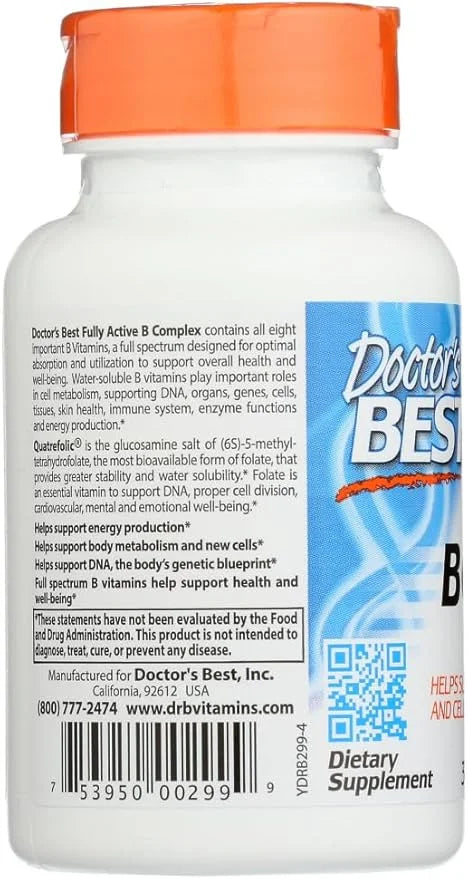 Doctors Best Fully Active B Complex, Energy & Cellular Support, Non-GMO, Gluten Free, Soy Free, Vegan 30 Veggie Caps - Pro...