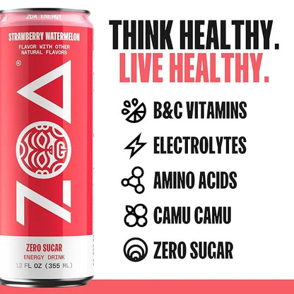 ZOA Zero Sugar Energy Drinks, Strawberry Watermelon - Sugar Free with Electrolytes, Healthy Vitamin C, Amino Acids, Essent...