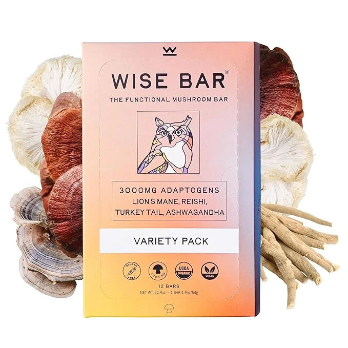 Wise Bar Adaptogen Mushroom Nutrition Bars with Reishi, Lions Mane & Ashwagandha, Organic Vegan & Gluten Free Snacks for N...