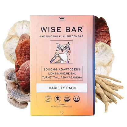 Wise Bar Adaptogen Mushroom Nutrition Bars with Reishi, Lions Mane & Ashwagandha, Organic Vegan & Gluten Free Snacks for N...