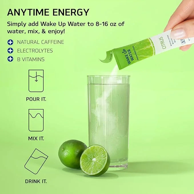 Wake Up Water - Energy + Hydration Sugar Free 15 Packs, Citrus Flavor - Energy Drink Powder, Electrolytes Powder Drink, Na...