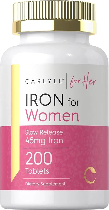 Carlyle Iron Supplement for Women | 45mg | 200 Slow Release Tablets | Vegetarian, Non-GMO, Gluten Free Pills | for Her - P...