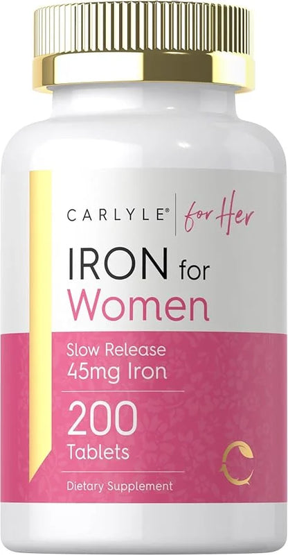 Carlyle Iron Supplement for Women | 45mg | 200 Slow Release Tablets | Vegetarian, Non-GMO, Gluten Free Pills | for Her - P...