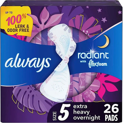 Always Radiant FlexFoam Pads for Women, 5, Extra 100% Leak 26 Count
