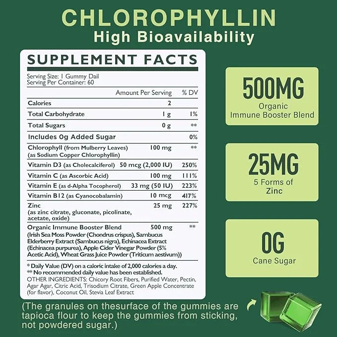 Sugar Free Chlorophyll Gummies - with Unfiltered ACV, Sea Moss & Elderberry, Echinacea, Vitamin D3, C, E, B12 - Natural De...