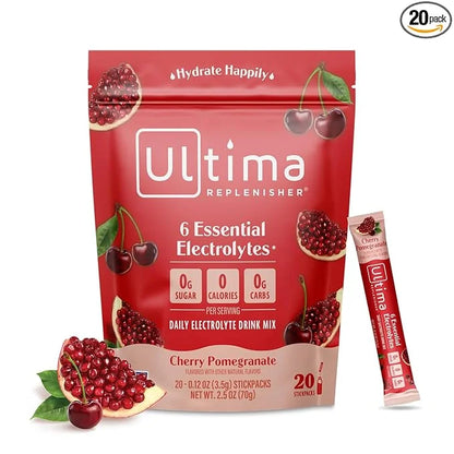 Ultima Replenisher Daily Electrolyte Powder Drink Mix – Cherry Pomegranate, 20 Stickpacks – Hydration Packets with 6 Elect...