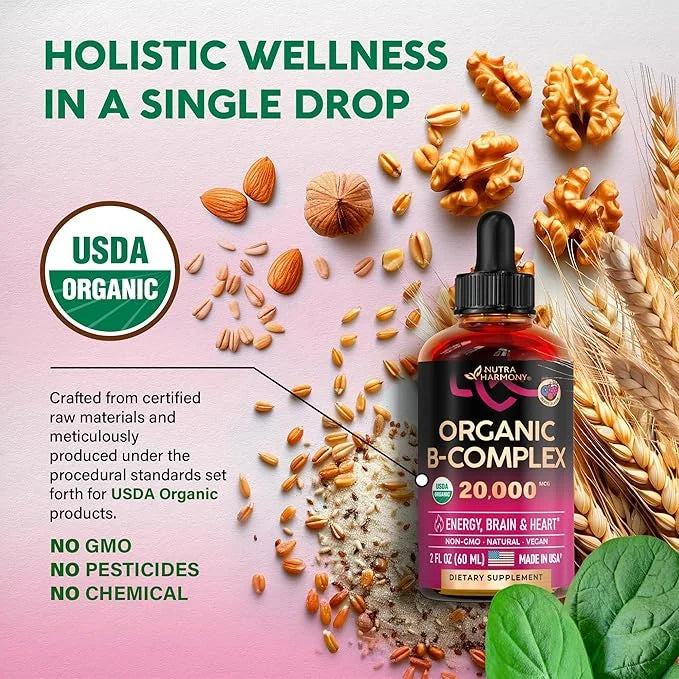 USDA Organic Vitamin B-Complex B5 Pantothenic Acid B12 Methylcobalamin B1 Thiamine B6 Pyridoxine B7 Biotin B9 Folic B3 Nia...