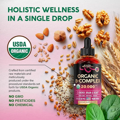 USDA Organic Vitamin B-Complex B5 Pantothenic Acid B12 Methylcobalamin B1 Thiamine B6 Pyridoxine B7 Biotin B9 Folic B3 Nia...