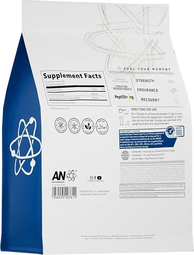 AN Performance Creatine + Peptide | Unflavored | 5g Creatine Monohydrate, 2.4g PeptiStrong | Gluten-Free, Low Carb, Low Fa...