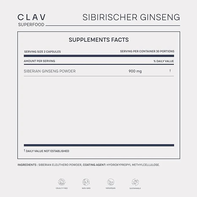 CLAV® Siberian Ginseng 900mg Eleuthero 60 Ginseng