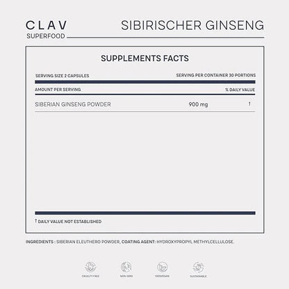 CLAV® Siberian Ginseng 900mg Eleuthero 60 Ginseng