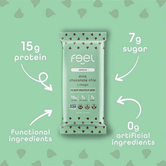 Feel Vegan Protein Bars | Mint Chocolate Chip | Keto | Gluten Free | Organic | Chaga Mushroom | 15g Plant Protein | Low Ca...