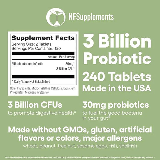 Bifidobacterium Infantis Probiotic Supplement 240 Tablets 3 Billion CFU Probiotics for Men & Women Supports Intestinal Dig...