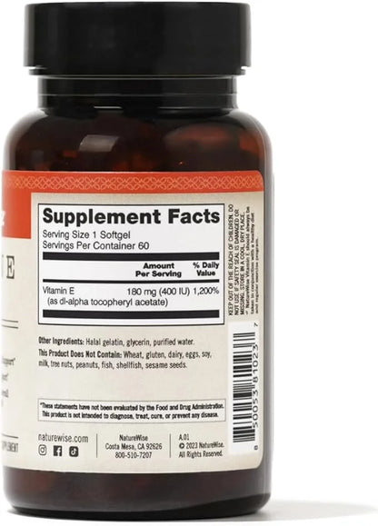 NatureWise Vitamin E 400 IU Softgels (180mg DL-Alpha) 2-Month Supply, 60 Count