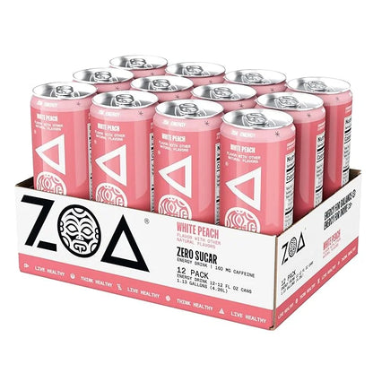 ZOA Zero Sugar Energy Drinks, White Peach - Sugar Free with Electrolytes, Healthy Vitamin C, Amino Acids, Essential B-Vita...