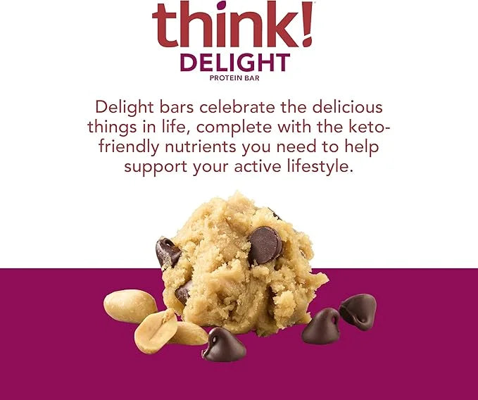 think! Delight, Keto Protein Bars, Healthy Low Carb, Gluten Free Snack - Chocolate Peanut Butter Cookie Dough, 10 Count (P...