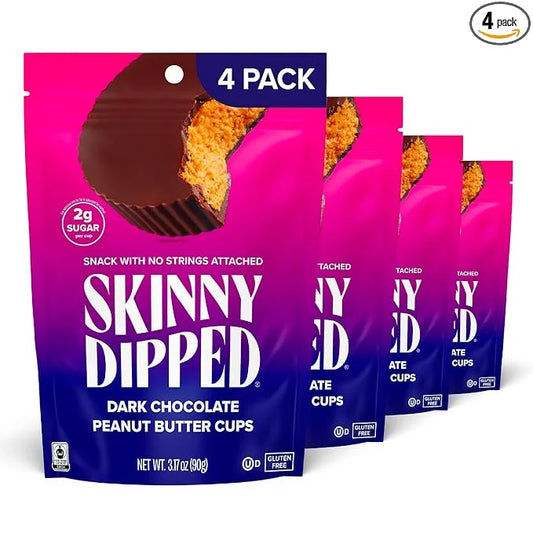 SkinnyDipped Dark Chocolate Peanut Butter Cups, 2g Sugar per Cup, Keto Friendly, Low Carb, Gluten Free, 3.2oz, 4 Pack (24 ...